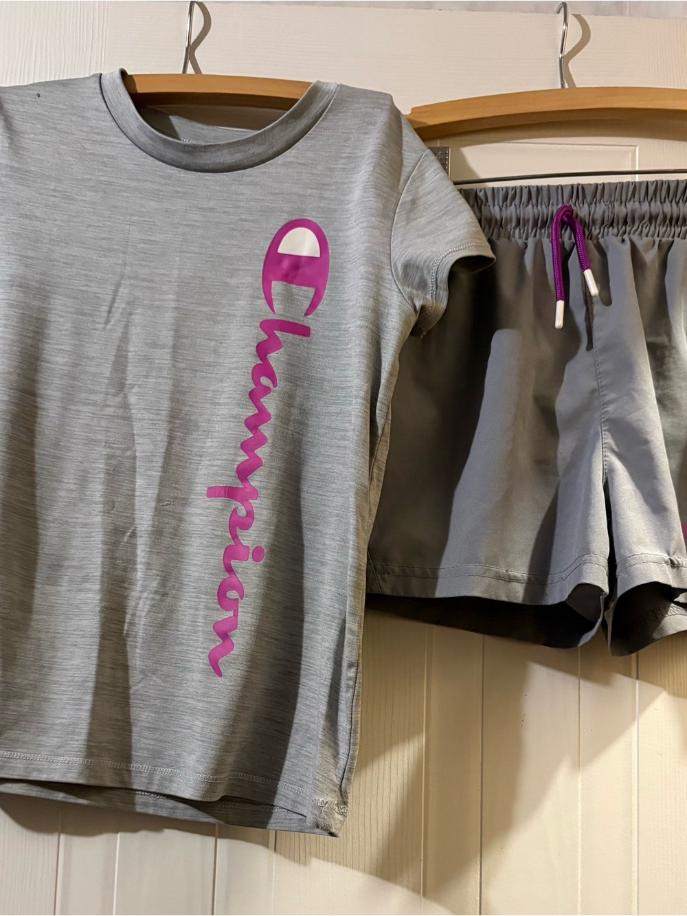Champion Light Gray Tee and Shorts Set with Purple Logo